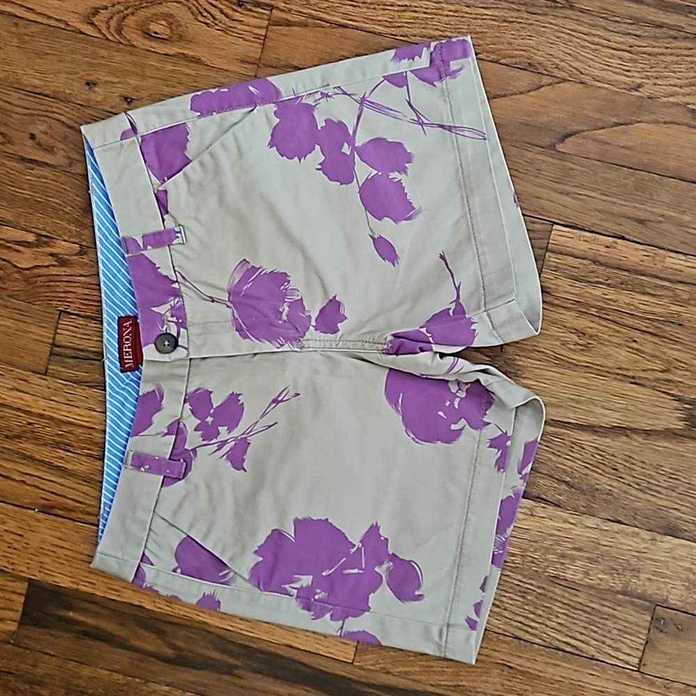 Merona Shorts Tan With Purple Flowers Size 2